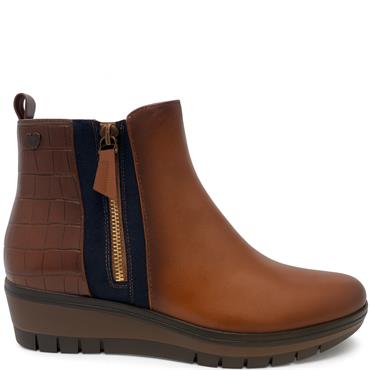 SUSST WOMENS WEDGE ZIP ANKLE BOOT - TAN NAVY